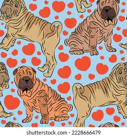 Pattern design with hearts, funny Shar Pei dogs doodles, and seamless pattern. T-shirt textile, wallpaper, wrapping paper, background graphic design with hearts, blue kids background. Valentine's Day.