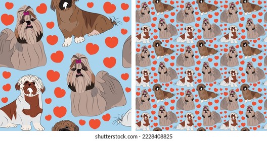 Diseño de patrones con corazones, garabatos de perros chiitas y un patrón impecable. Ropa textil de camiseta, papel de pared, papel de envoltura, diseño gráfico de fondo con corazones, fondo azul. Día de San Valentín.