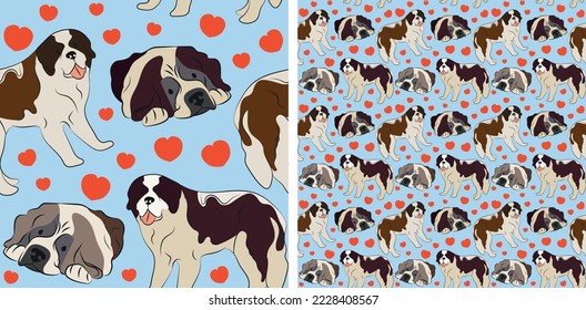 Pattern design with hearts, funny St Bernard dogs doodles, and seamless pattern. T-shirt textile, wallpaper, wrapping paper, background graphic design with hearts, blue background. Valentine's Day.