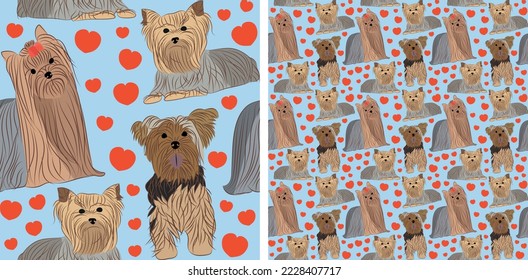 Pattern design with hearts, funny Yorkshire Terrier dogs doodles, and seamless pattern. T-shirt textile, wallpaper, wrapping, background graphic design with hearts, blue background. Valentine's day.