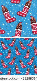 Pattern design with Irish setter dogs in stockings, seamless pattern. Repeatable textile, wrapping paper, blue background graphic design. Christmas winter wallpaper with snowflakes, dog in a hat.