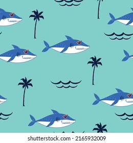 pattern design for kids fashion with cute shark drawing as vector