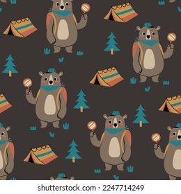 pattern design for kids fashion with cute camper bear drawing as vector