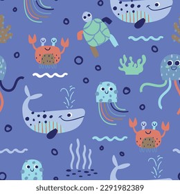 pattern design for kids fashion with cute whale, crab, octopus, jellyfish drawing as vector