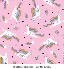 pattern design for kids fashion with cute unicorn drawing as vector