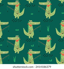pattern pattern design for kids fashion with cute fisher alligator drawing as vector