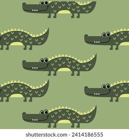 pattern design for kids fashion with cute alligator drawing as vector