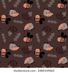 pattern design for kids fashion with cute fox head, hedgehog, bee drawing and slogan as vector