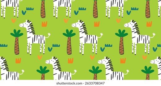 pattern design for kids fashion with cute zebra and tree drawing. 