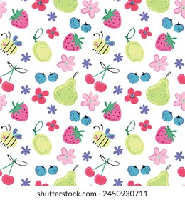 diseño de patrones para niños de la moda con la fresa bonita, cereza, limón, melocotón, arándano, abeja y dibujo de flores como Vector