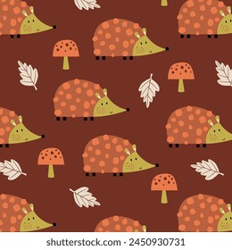 pattern design for kids fashion with  pretty hedgehog, washroom and leaf drawing as vector