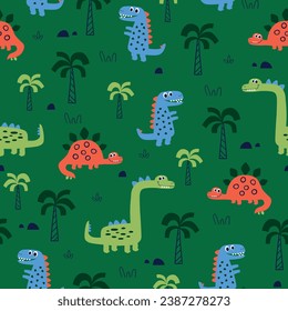 pattern design for kids fashion as vector with cute dinosaurs drawing