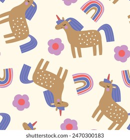 pattern design for kids fashion as vector with cute unicorn, sun, rainbow and flower drawing