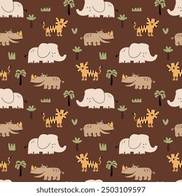 pattern design for kids textile with cute safari animals drawing as vector