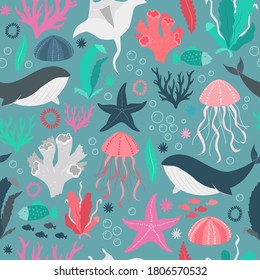 Pattern design for kids - under the sea. Vector illustration. Seamless pattern.   