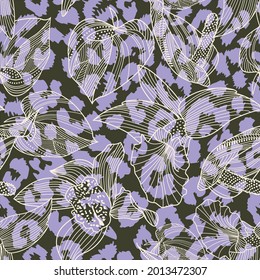 pattern design of leopard animal print and flowers vector. Design for textile industry. 