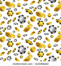 Pattern Design with Money Coins and Silver Gold Color Casino Poker Chips