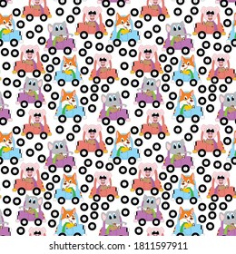 pattern design with ornament, illustration of a cartoon animal driving a car