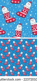 Pattern design with Persian cat in stockings, seamless pattern. Repeatable textile, wrapping paper, blue background graphic design. Christmas winter wallpaper with snowflakes, cat in a hat. Postcard. 