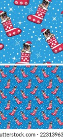 Pattern design with Pug dogs in stockings, seamless pattern. Repeatable textile, wrapping paper, blue background graphic design. Christmas winter wallpaper with snowflakes, dog in a hat. Postcard. 