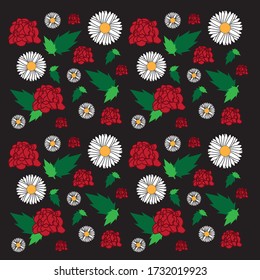 Pattern design with red rose, leaf, and white chamomile illustration