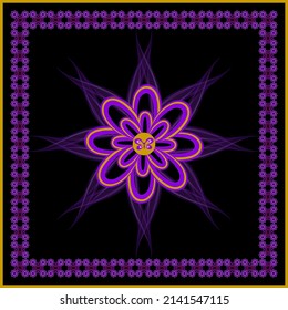 Pattern for the design of scarves, hijabs, scarves. Vector illustration in purple tone with yellow border.