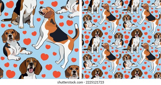 Pattern design with several Beagle dogs, funny doodles, and seamless pattern. T-shirt textile, wallpaper, wrapping paper, background graphic design with hearts on a blue background. Valentine's Day.