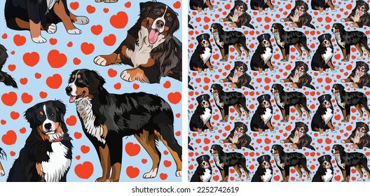 Muster mit mehreren Berner-Hunden, lustigen Doodles und nahtlosen Mustern. Tapete, Verpackungspapier, Hintergrundgrafik-Design mit Herzen auf blauem Hintergrund. Valentine Berner Sennenhund