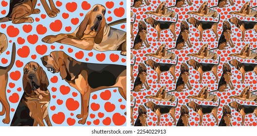 Pattern design with several Bloodhound dogs, funny doodles, and seamless pattern. Wallpaper, wrapping paper, background graphic design with hearts on blue background. St. Valentine Bloodhound dogs.