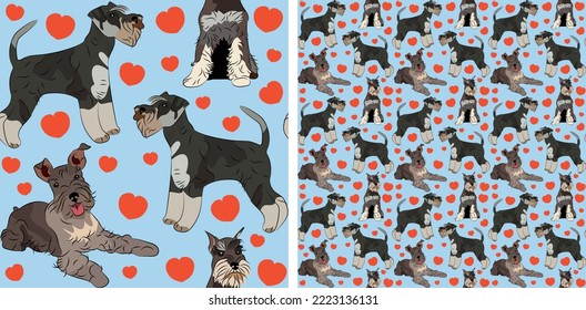 Pattern design with several Miniature Schnauzer dogs, funny doodles, and seamless pattern. T-shirt textile, wallpaper, wrapping paper, background graphic design with hearts on a blue background.