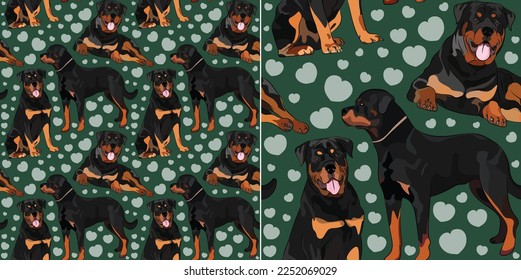 Diseño de patrones con varios perros Rottweiler, garabatos divertidos y un patrón sin fisuras.Tejido de camisetas, papel tapiz, papel envolvente, diseño gráfico de fondo con corazones sobre fondo verde. Día de San Valentín