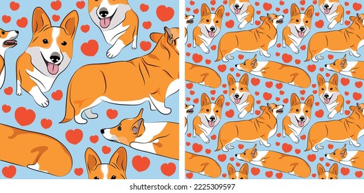Pattern design with several Welsh Corgi dogs, funny doodles, and seamless pattern. T-shirt textile, wallpaper, wrapping paper, background graphic design with hearts, blue background. Valentine's Day.