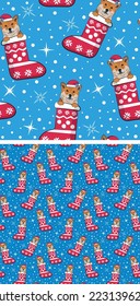 Pattern design with Shiba dogs in stockings, seamless pattern. Repeatable textile, wrapping paper, blue background graphic design. Christmas winter wallpaper with snowflakes, dog in a hat. Postcard. 