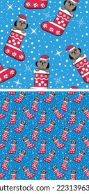 Pattern design with Shih Tzu dogs in stockings, seamless pattern. Repeatable textile, wrapping paper, blue background graphic design. Christmas winter wallpaper with snowflakes, dog in a hat. Postcard