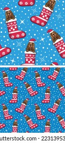 Pattern design with Spaniel dogs in stockings, seamless pattern. Repeatable textile, wrapping paper, blue background graphic design. Christmas winter wallpaper with snowflakes, dog in a hat. Postcard.