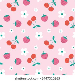 pattern design with strawberry, cherry and flower drawing as vector