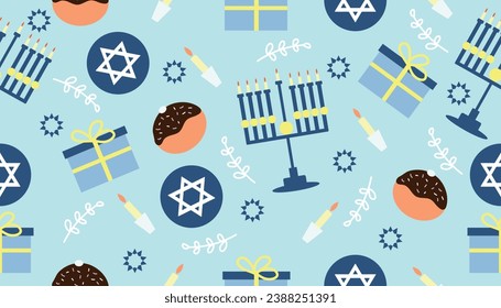 Pattern for design with symbols of Hanukkah on light blue backgr