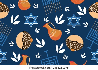 Pattern for design with symbols of Hanukkah on blue background