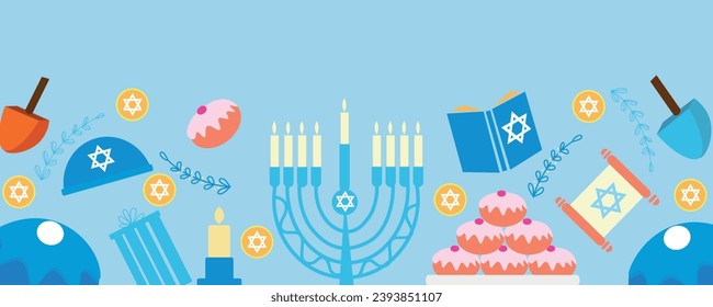 Pattern for design with symbols of Hanukkah on blue background