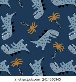 pattern design for textile with cute dinosaur and tree drawing as vector