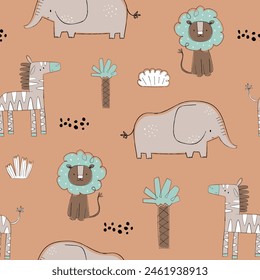 pattern design for textile with elephant, zebra, lion cartoon drawing as vector