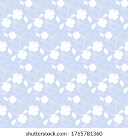 Diseño de patrones a partir de flores blancas texturadas y hojas sobre un fondo azul claro. Sin inconveniente, artístico. Ilustración vectorial Pastel.