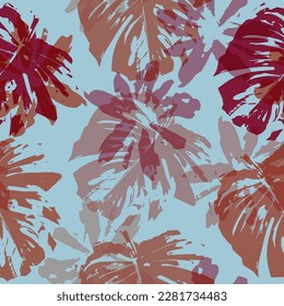 Pattern design of a tropical artwork, with multicolored monstera leaves and fun mosaic background Psychedelic colors monstera pattern background for summer.