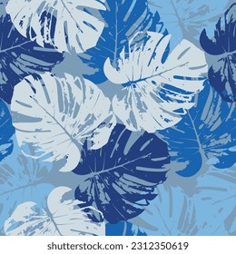 Pattern design of a tropical artwork, with multicolored monstera leaves and fun mosaic background Purple Continuous Color Flora Textile Wallpaper.