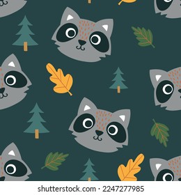 pattern design with typo, leaf, tree and cute raccoon head drawing as vector