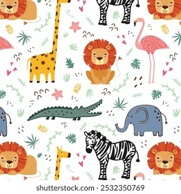 Diseño de patrón como Vector para la moda del bebé con animales lindos del safari