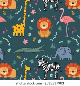 pattern design as vector for baby fashion with cute safari animals