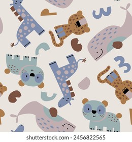 pattern design as vector with cute geometric safari animals drawing