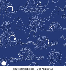 Pattern design for waves and summer , sunset vector pattern design, hand drawn wave sketch, tropical pattern design for big wave, vintage waves print design