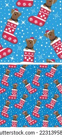 Pattern design with Yorkshire Terrier dogs in stockings, seamless pattern. Repeatable textile, wrapping paper, blue background graphic design. Christmas winter wallpaper with snowflakes, dog in a hat.